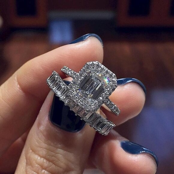 💥Engagement Radiant CZ Micro Pave Silver Plated Wedding Ring Set, UNVN12329 - Picture 4 of 10